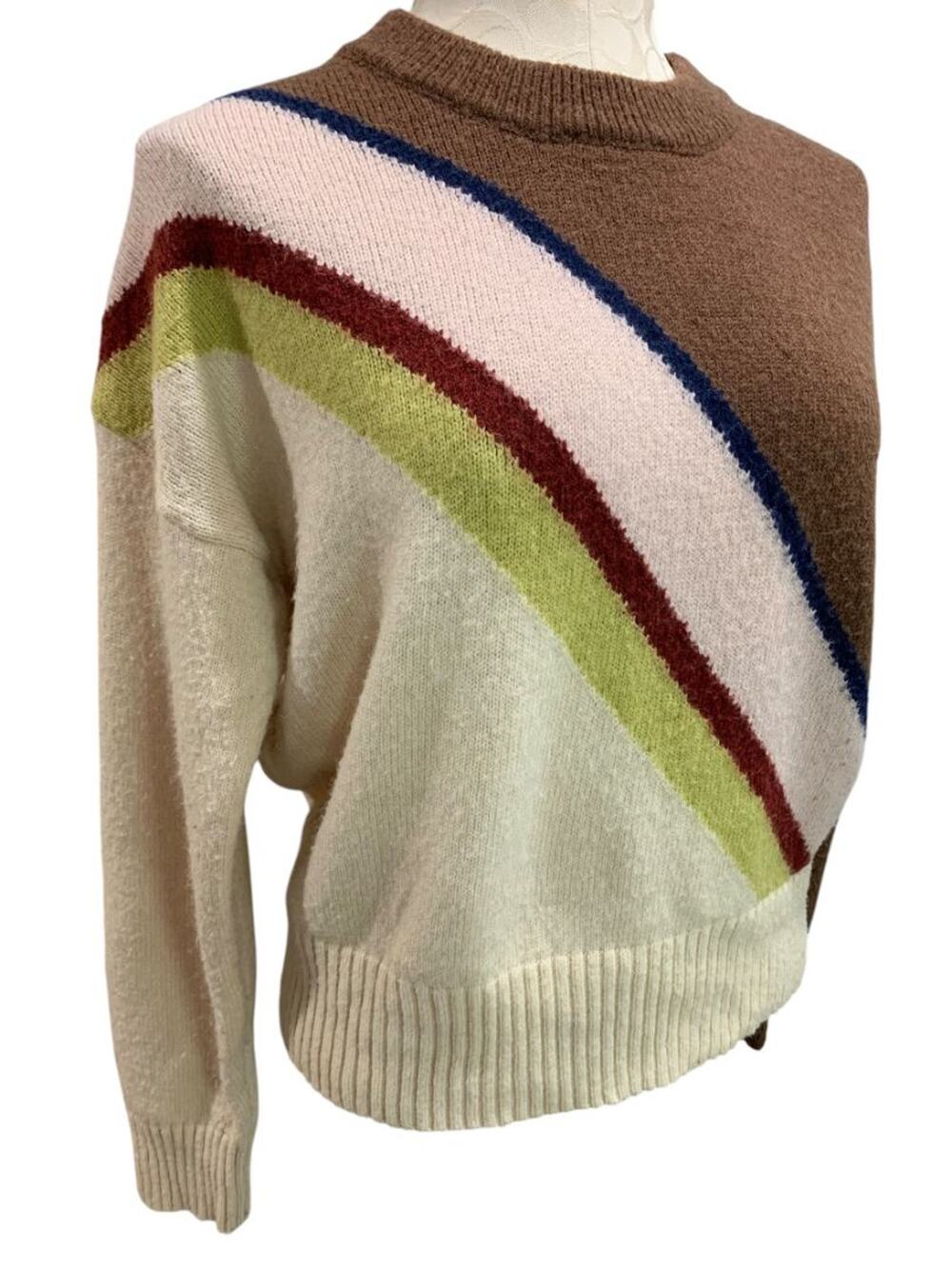 Medium Lush Womens Retro Diagonal Stripe Sweater Cream Brown